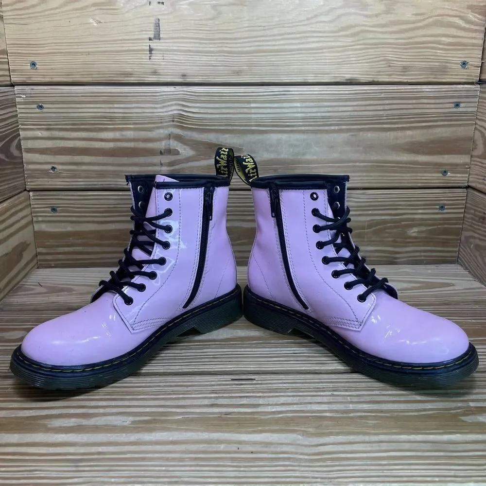 Dr. Martens Pink Patent Kids Lace-Up Boots with Black Trim